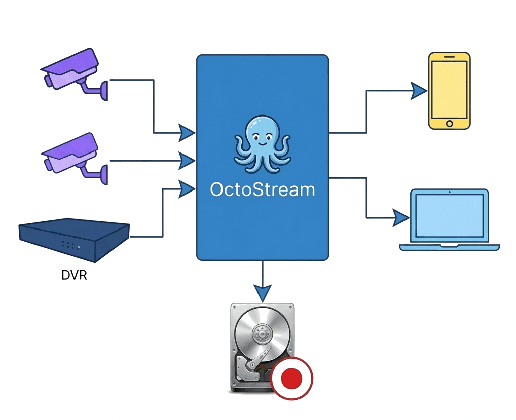 Diagram showing OctoStream turning RTSP camera feeds into browser-ready HLS streaming for websites and phones.