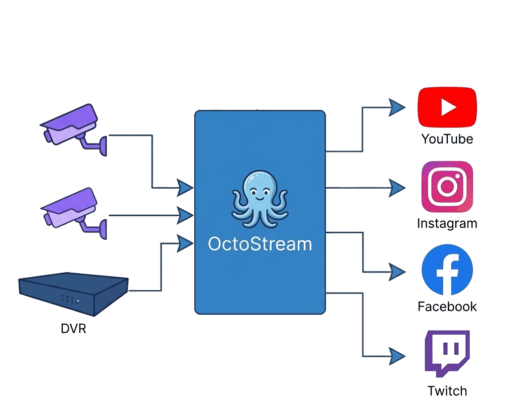 Diagram showing OctoStream taking an RTSP source and re-streaming it to YouTube, Instagram, Facebook, Twitch, and other platforms.