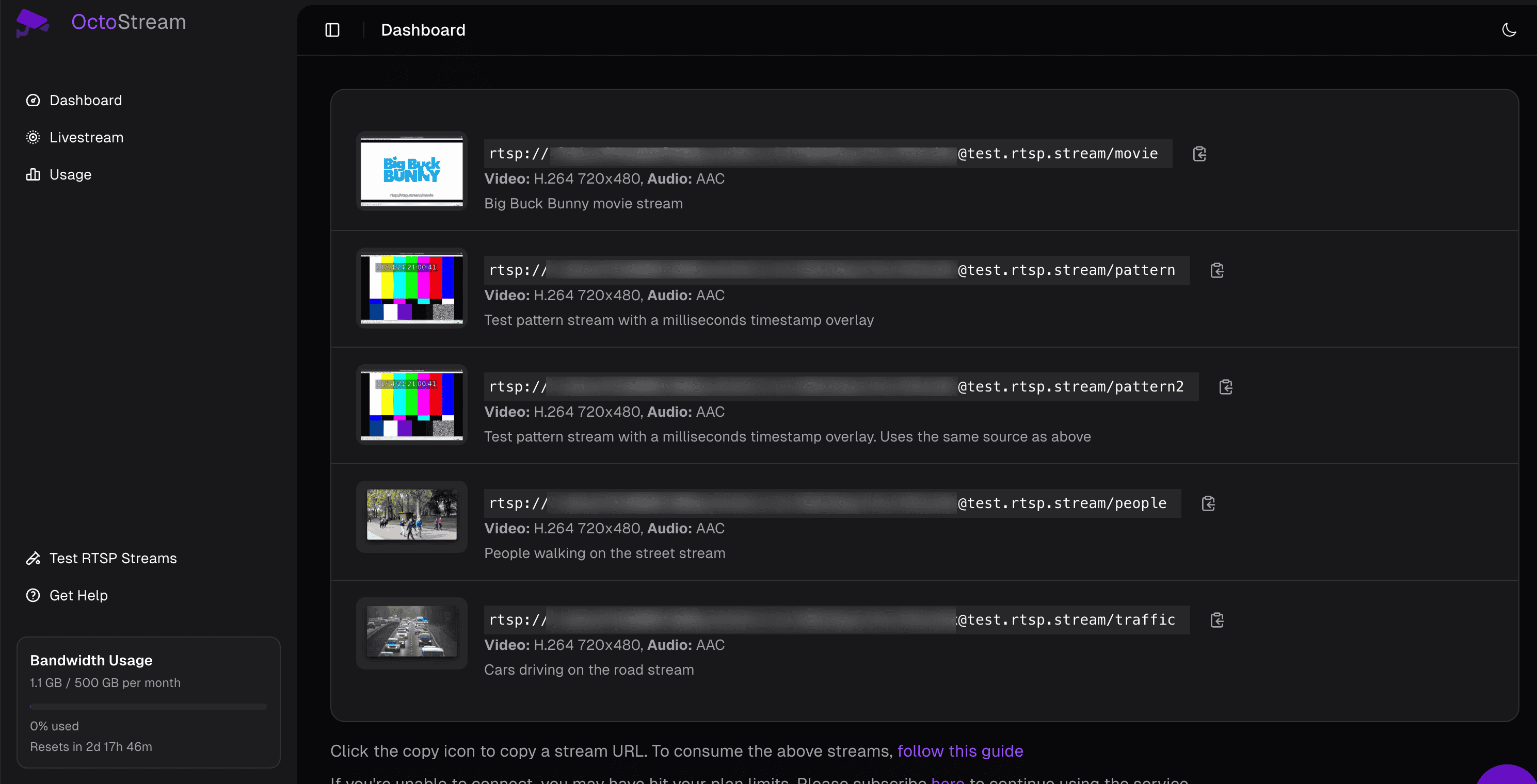 OctoStream dashboard showing test RTSP stream URLs.