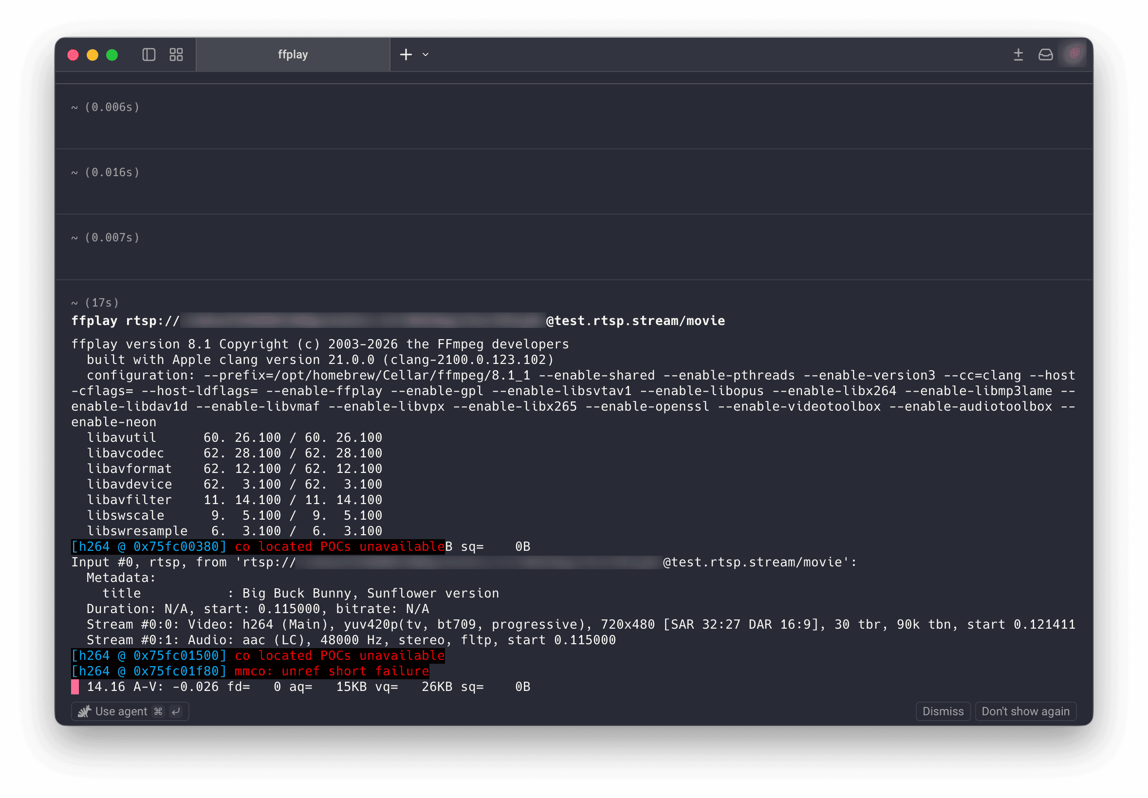 Terminal window running ffplay with an RTSP stream URL showing video playback.