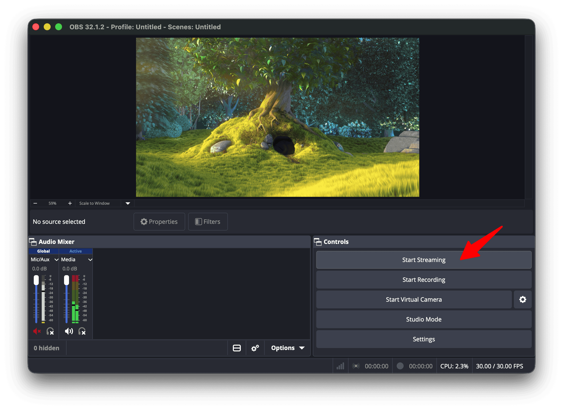 OBS main interface with Start Streaming active