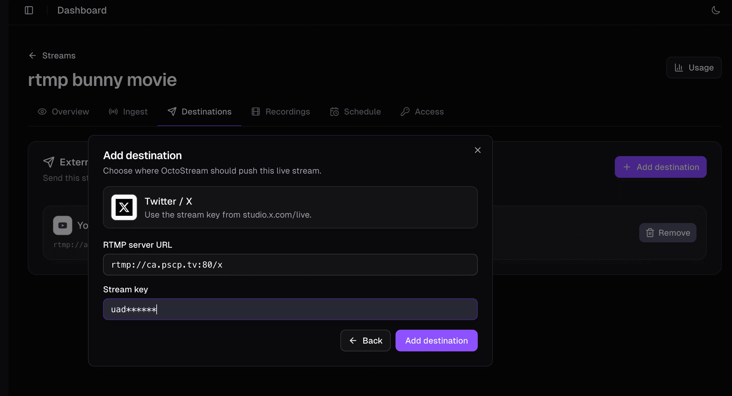 OctoStream Add Destination form with Twitter / X selected
