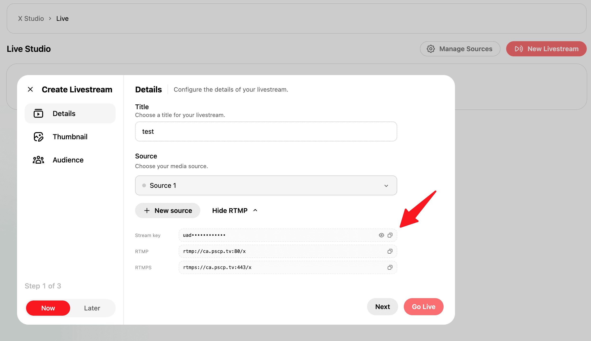 X Live dashboard showing the RTMP stream key copy action
