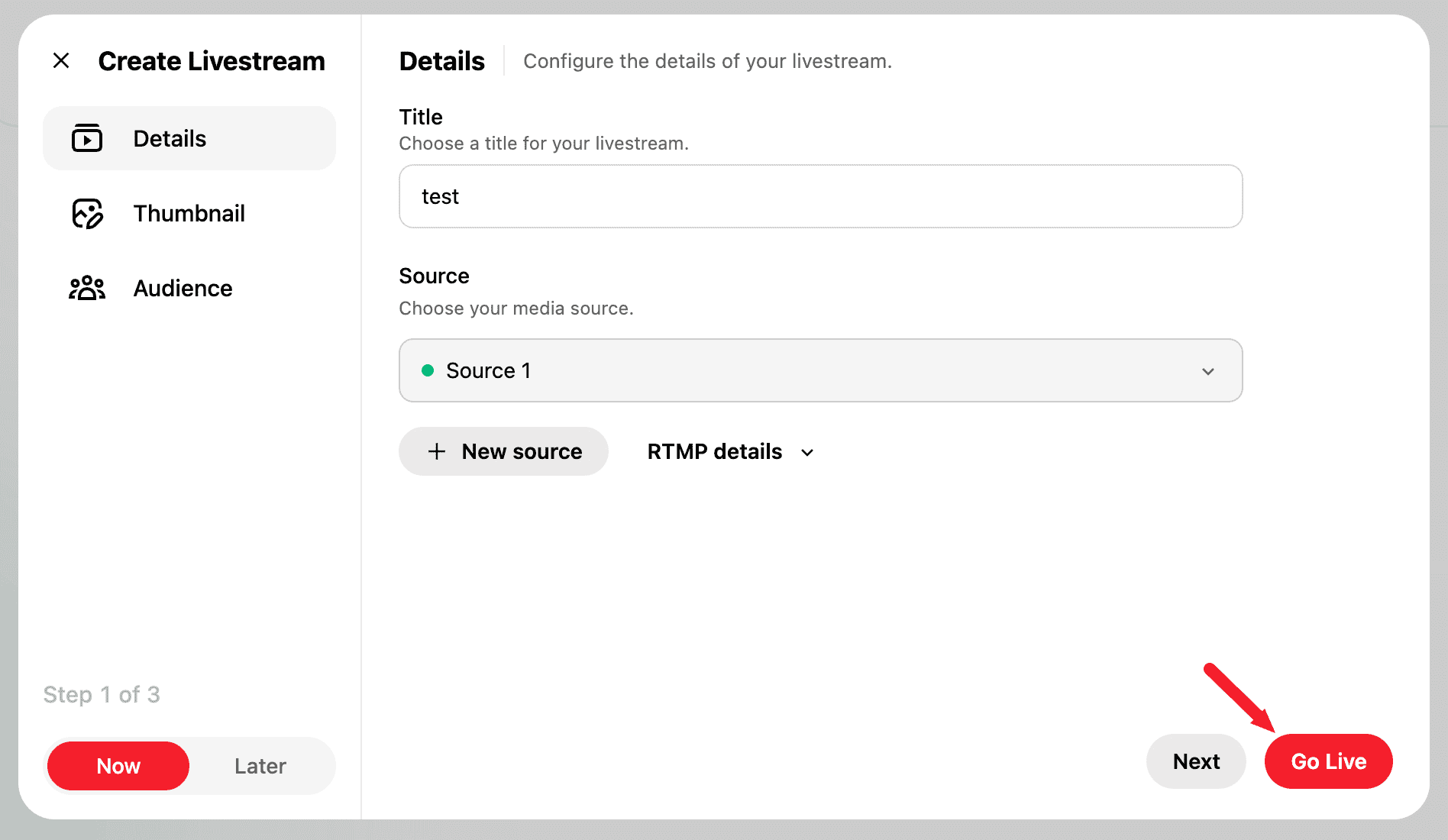 X Live dashboard with the Go Live action ready