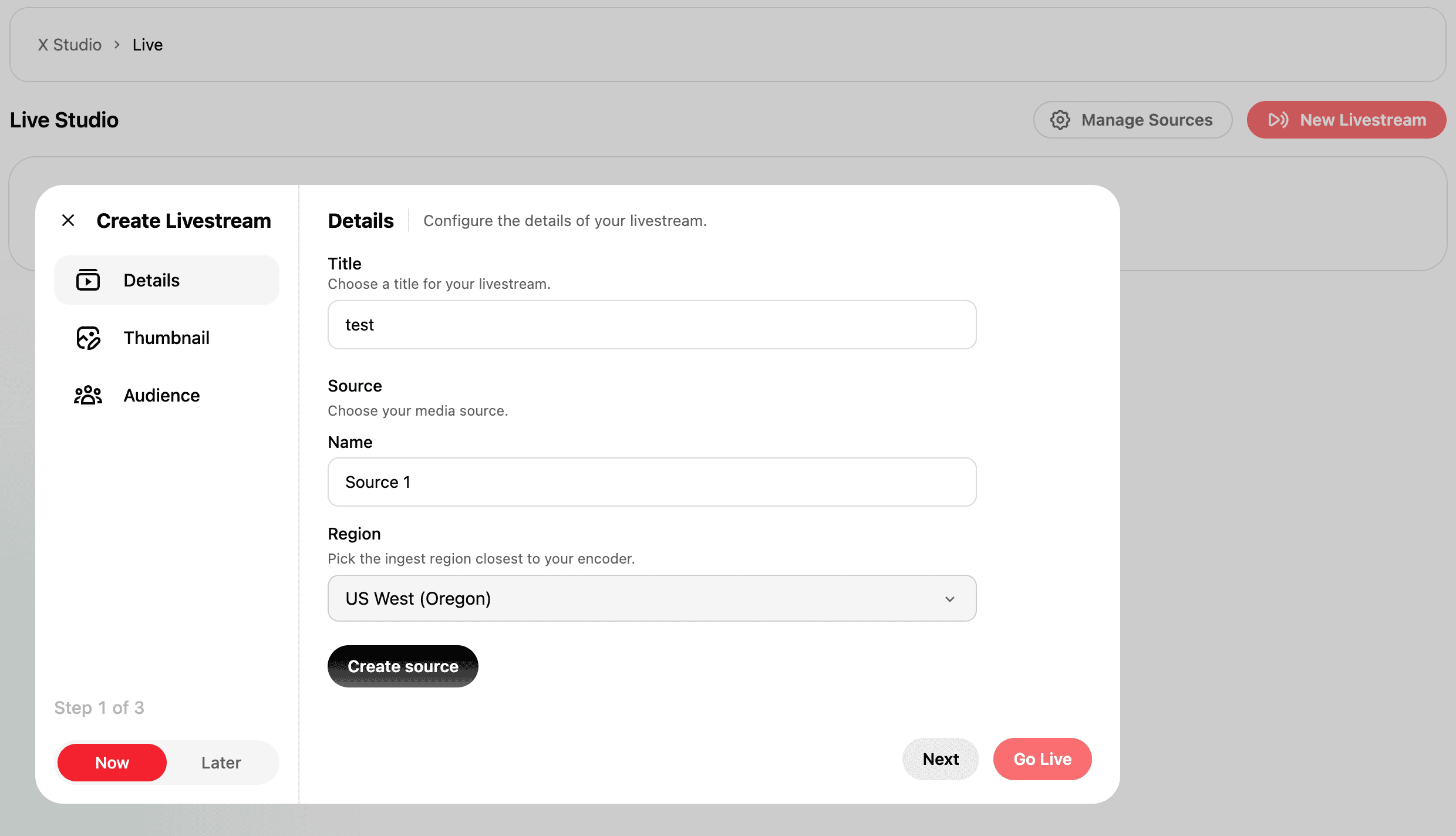 X Live dashboard showing the New Livestream flow